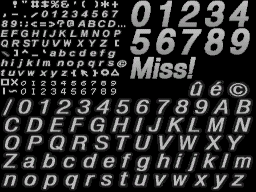 A font atlas texture extracted from a recent version of Final Fantasy XI. The texture is primarily used for drawing the nameplate and on-screen damage numbers. The font texture also gets used in a few other places, such as the character list on the character selector screen. This texture has been squashed down to 256x192 pixels in size.