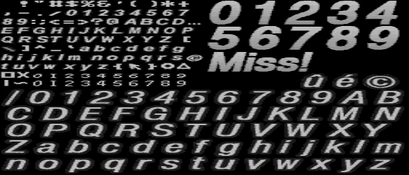 A font atlas texture extracted from a recent version of Final Fantasy XI. The texture is primarily used for drawing the nameplate and on-screen damage numbers. The font texture also gets used in a few other places, such as the character list on the character selector screen. This texture has been stretched to 597x256 pixels.