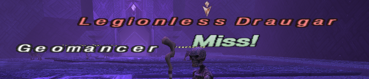 A snippet from a screenshot of Final Fantasy XI. The text "Geomancer", "Legionless Draugar" and "Miss!" appear stretched out at 21:9 resolution.